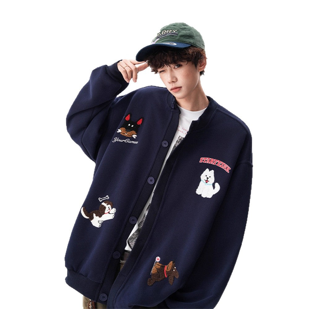 Fun Towel Embroidery Loose Hoodie Cardigan Men's Winter Fleece-Lined Thick Couple Jacket Oversized Baseball Jacket Trendy