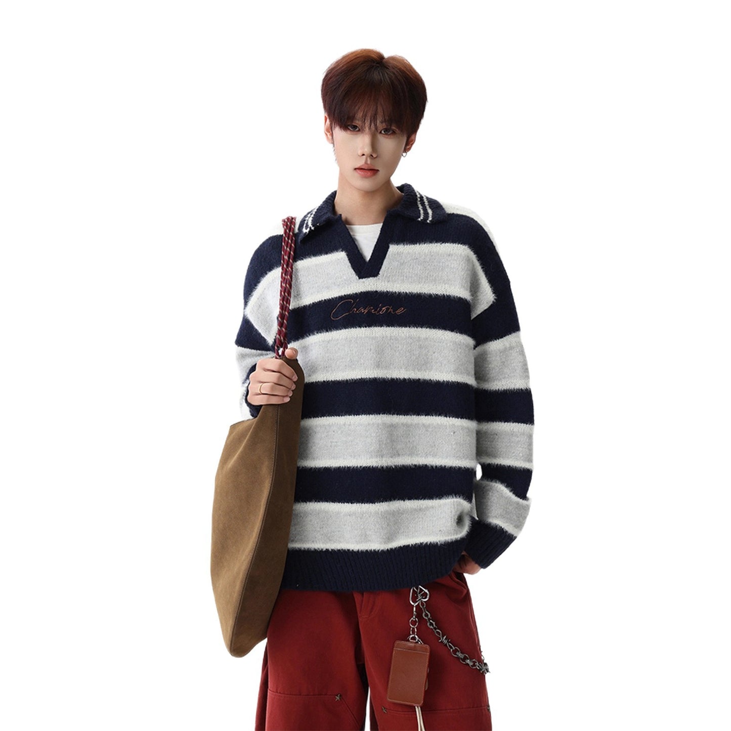 Black and White Stripe V-Neck Sweater