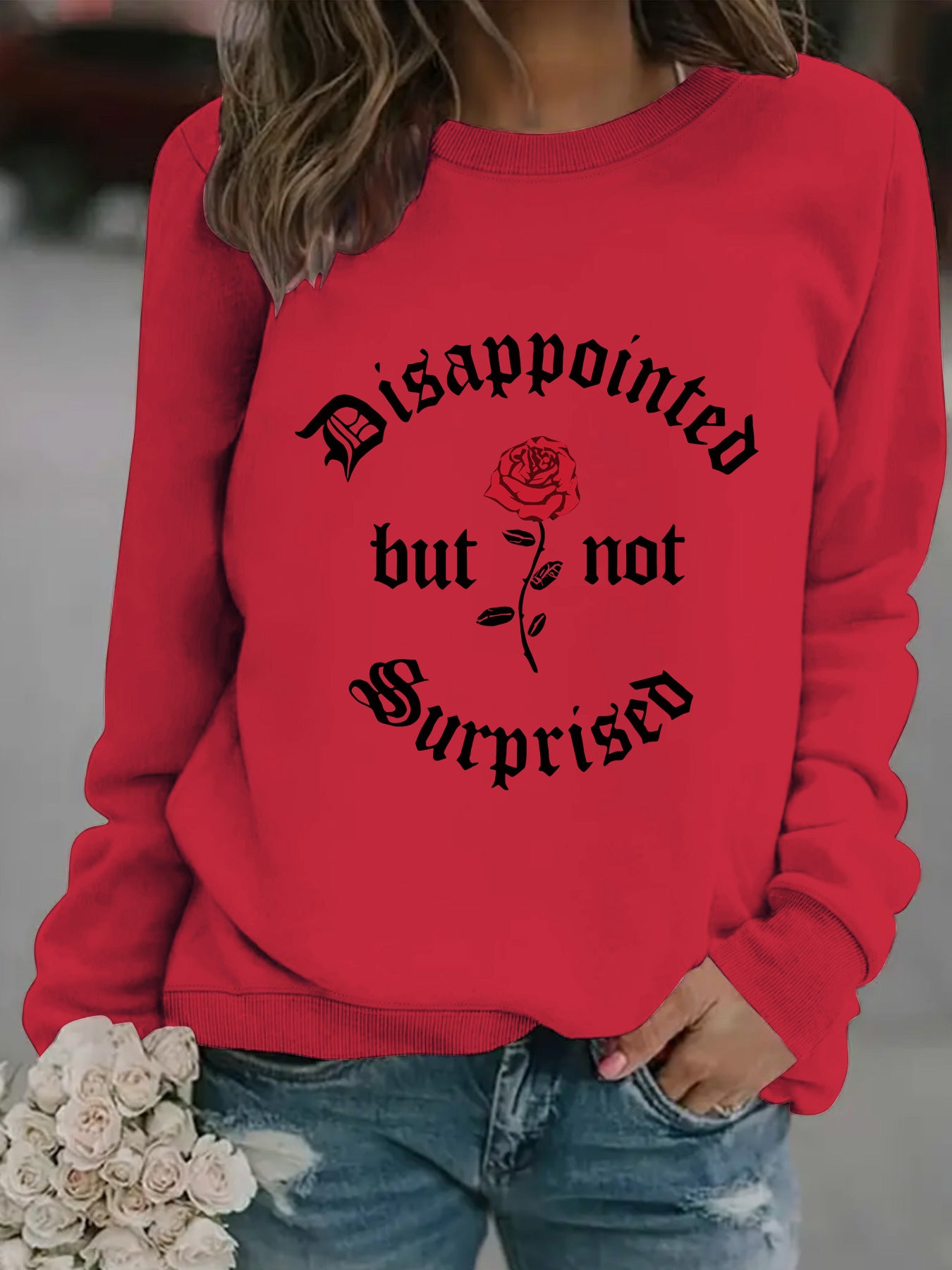 Disappointed rose print pullover sweatshirt