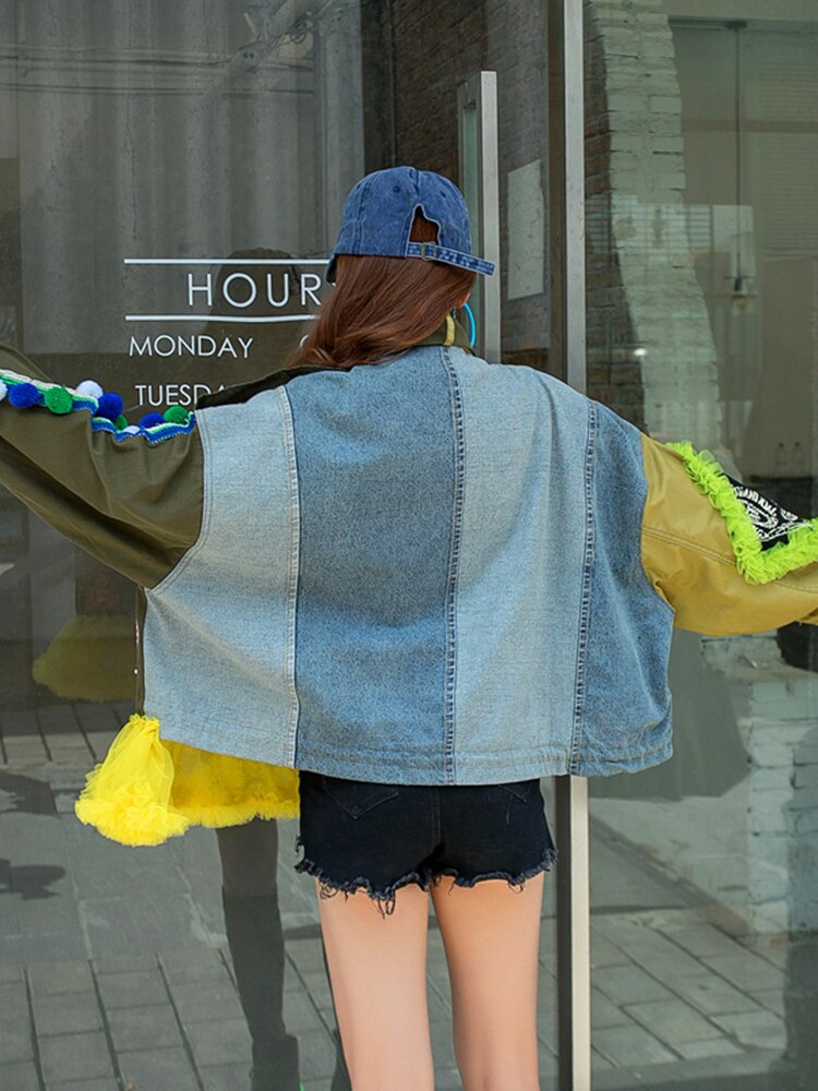 Street Style Embroidery Lace Spliced Contrast Colour Irregular Jackets