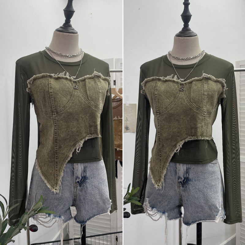 Cowboy patchwork long sleeved mesh T-shirt for women