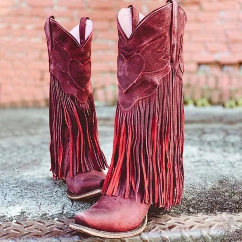 Fashion Women Cowboy Boots Retro Tassel Mid Boots