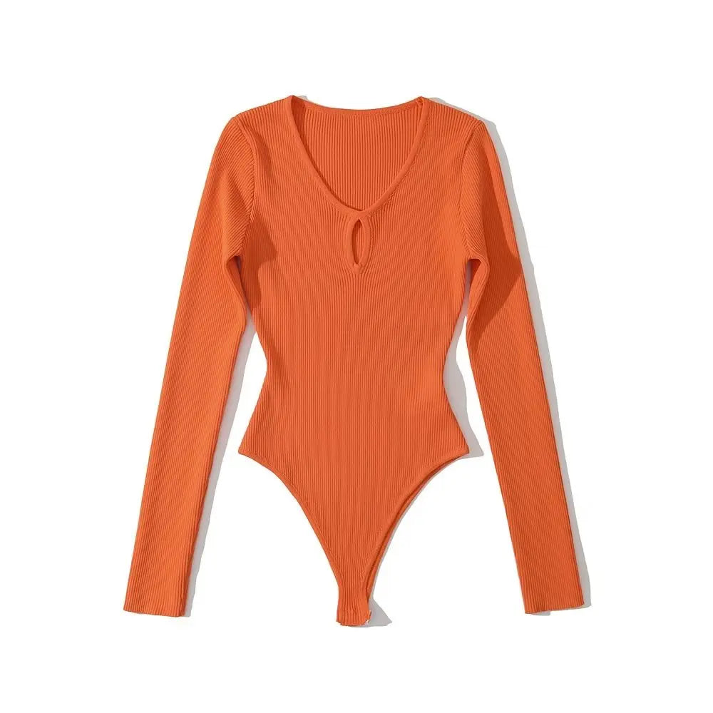 Bodysuit Women Long Sleeve Hollow Out Knitted Stretchable Slim Jumpsuits