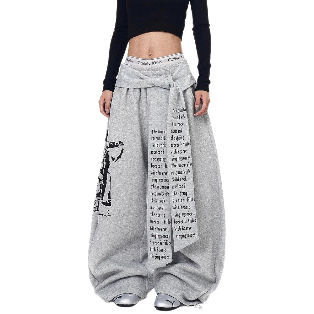 Structured Letter Print Tie-Overlay Heavyweight Sweatpants