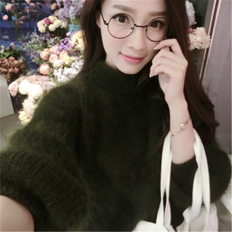 Imitation mink fur semi high neck knitted sweater