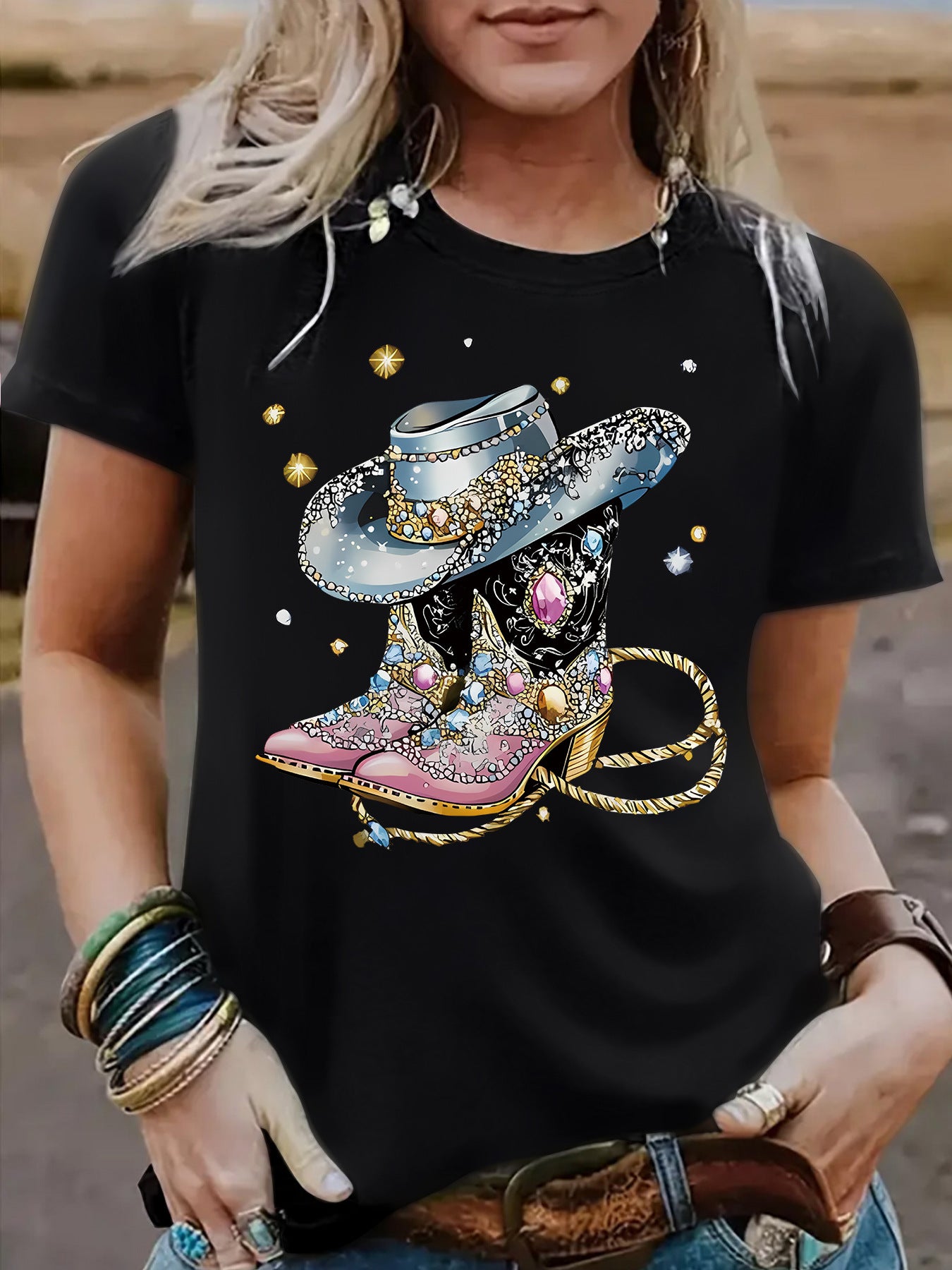 Round neck short sleeved women's T-shirt cowboy hat cowboy boots