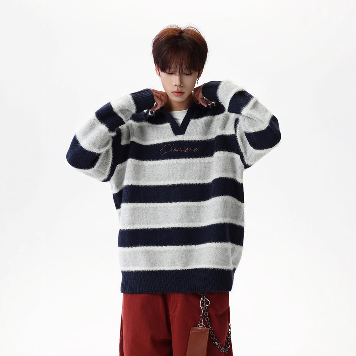 Black and White Stripe V-Neck Sweater