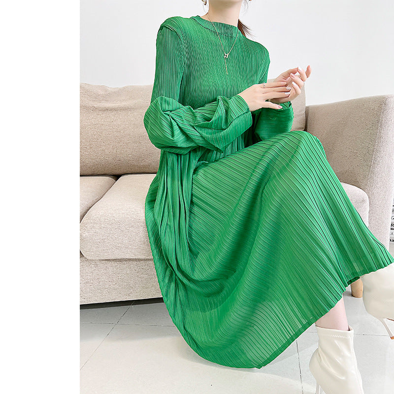 French Dress Women's Long Sleeve Loose Large Size Maternity Dress Pleated Fashion High Pleated Long Skirt