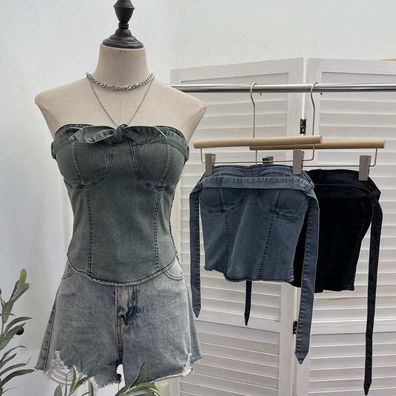 Cowboy strapless tank top with bow tie