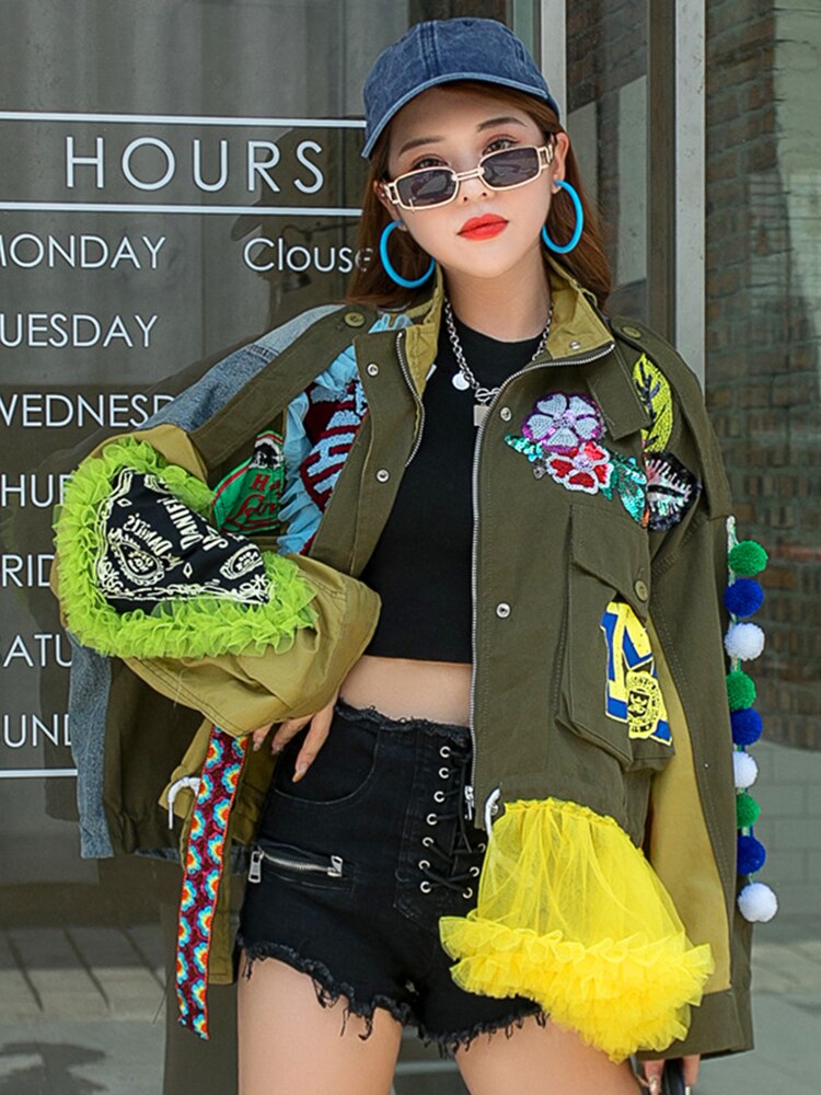 Street Style Embroidery Lace Spliced Contrast Colour Irregular Jackets
