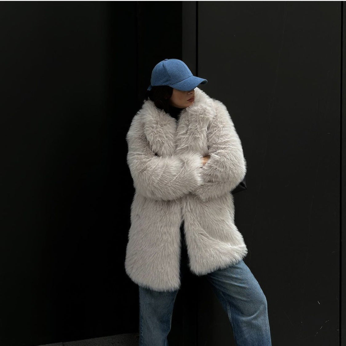 Khaki grey faux fur warm loose jacket