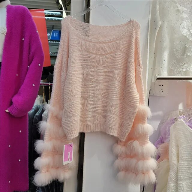 Vintage Faux Fur Patchwork Loose O-neck Thick Warm Pullover