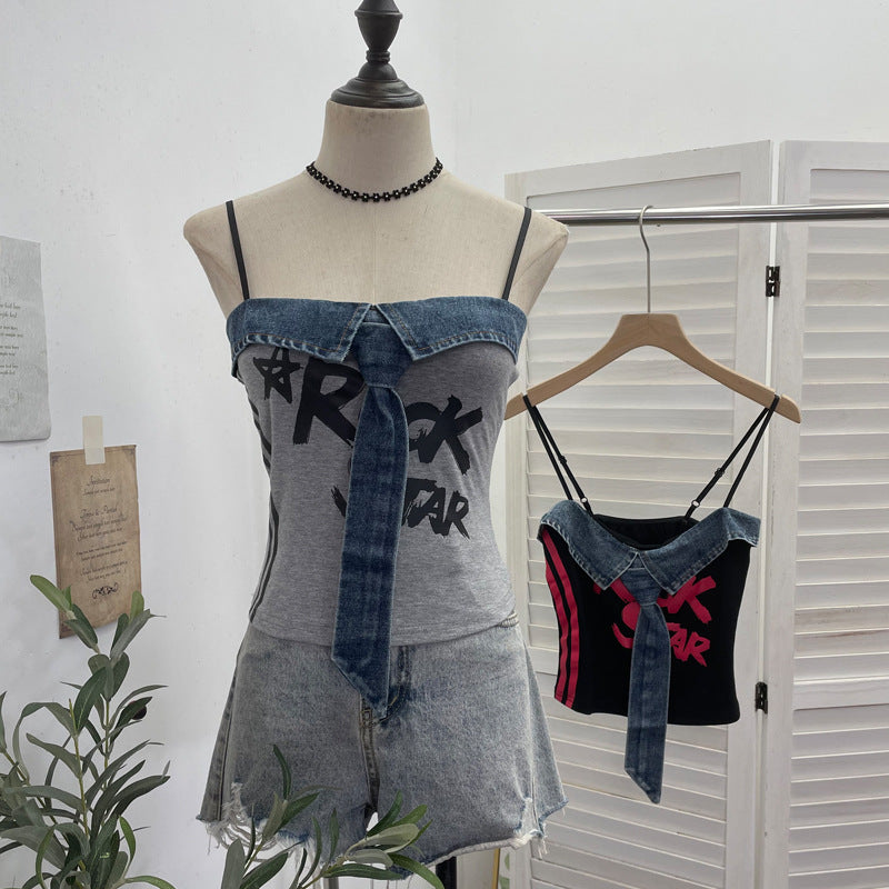 Cowboy patchwork printed tie camisole vest