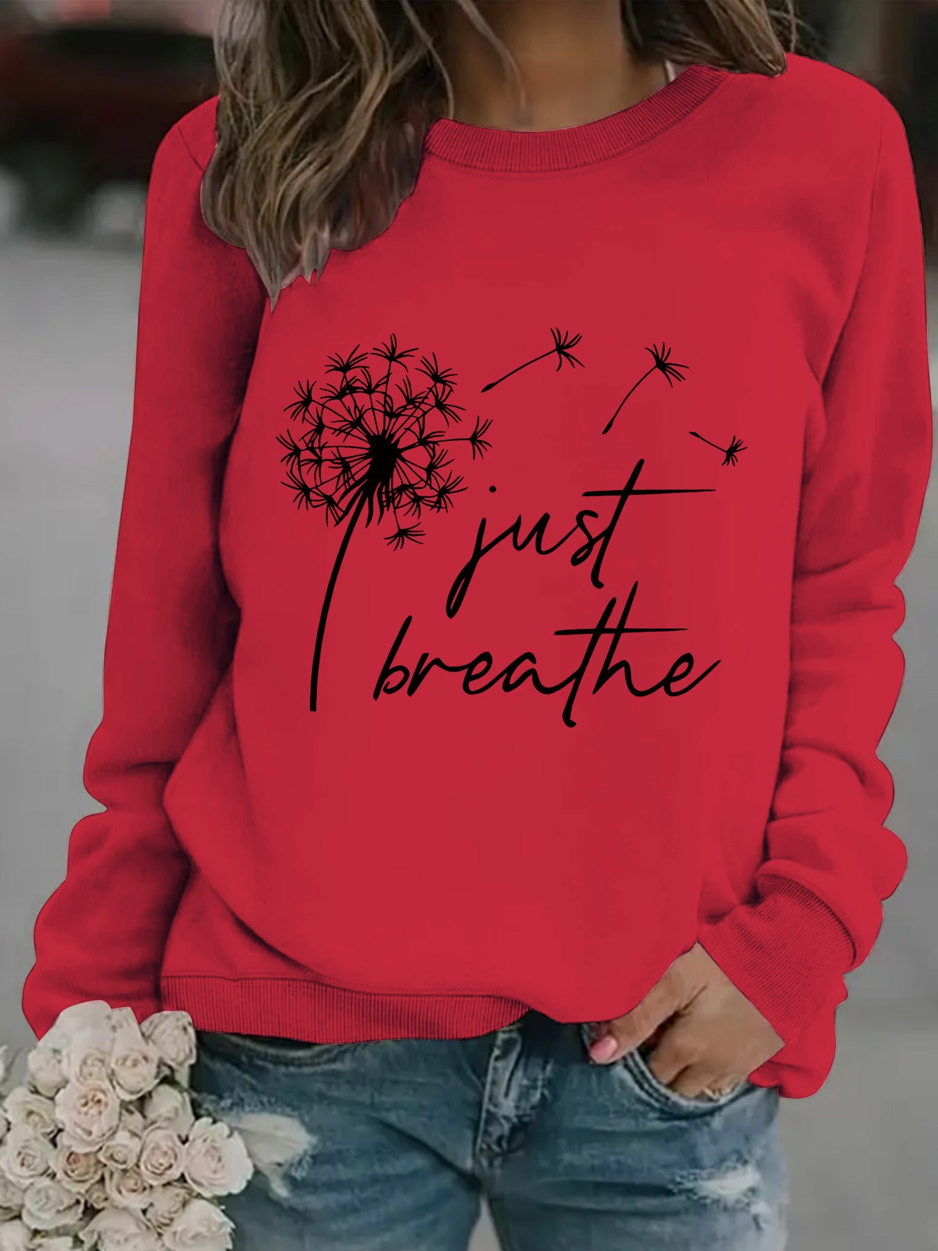 Round neck JUST dandelion print pullover sweatshirt