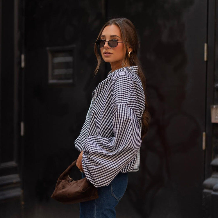 Black Lattice Women'S Blouse  Casual Lapel Puff Sleeve Office Lady Shirts Streetwaer Tops Female Clothing