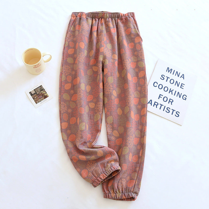 Spring and Summer Pure Cotton Gauze Home Fur Retro Floral Pants