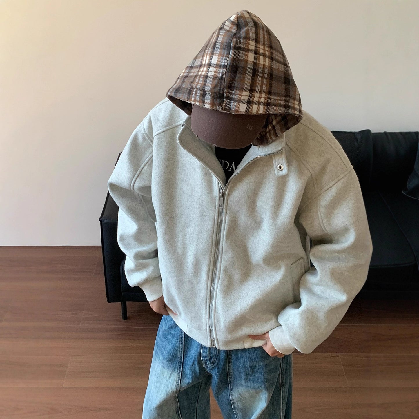 Plaid Faux Two-Piece Hooded Cotton Coat