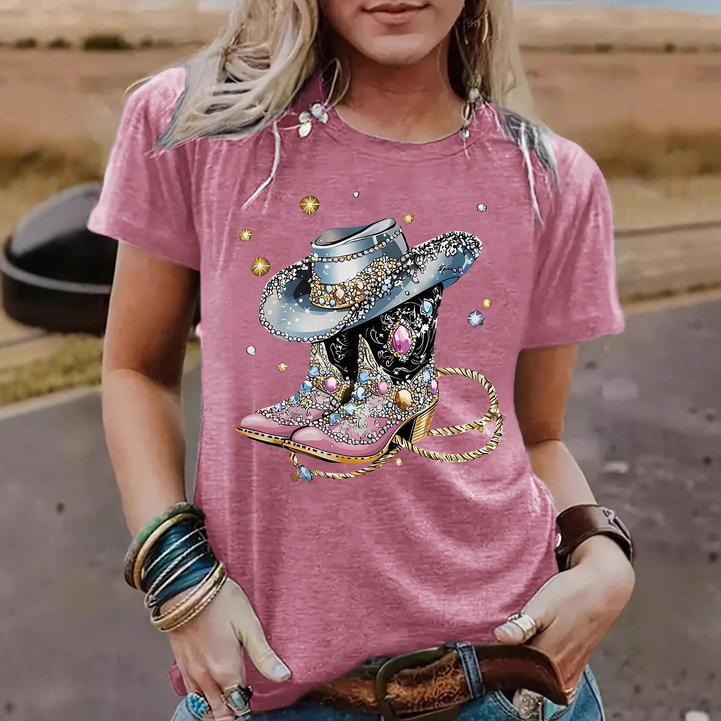 Round neck short sleeved women's T-shirt cowboy hat cowboy boots