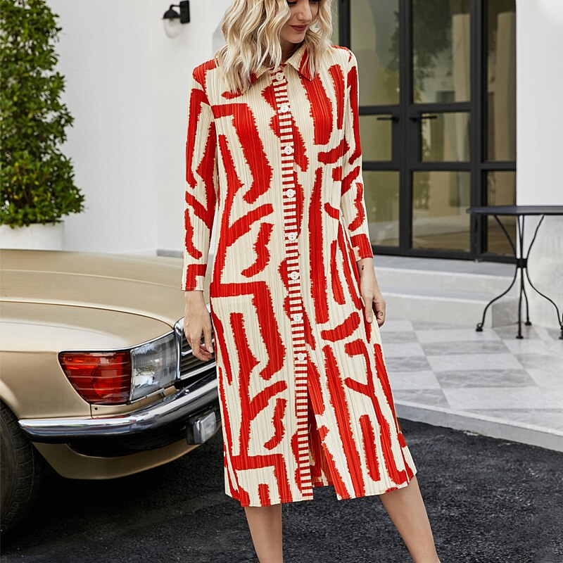 Vintage Printed Dress Turn-down Collar