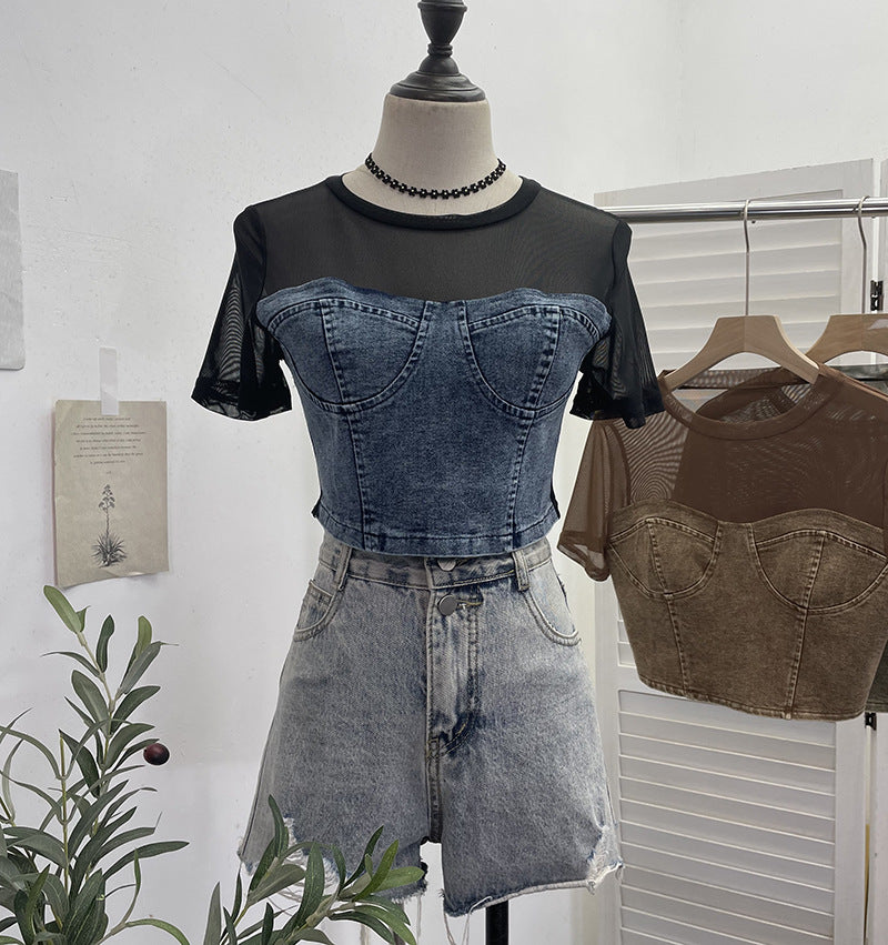 Cowboy patchwork mesh short sleeved T-shirt