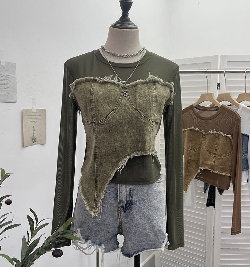 Cowboy patchwork long sleeved mesh T-shirt for women