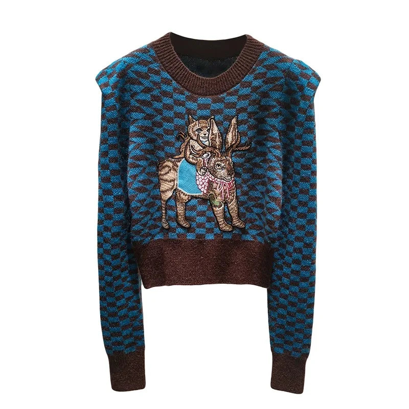Cartoon Embroidered Argyle Knit Sweater