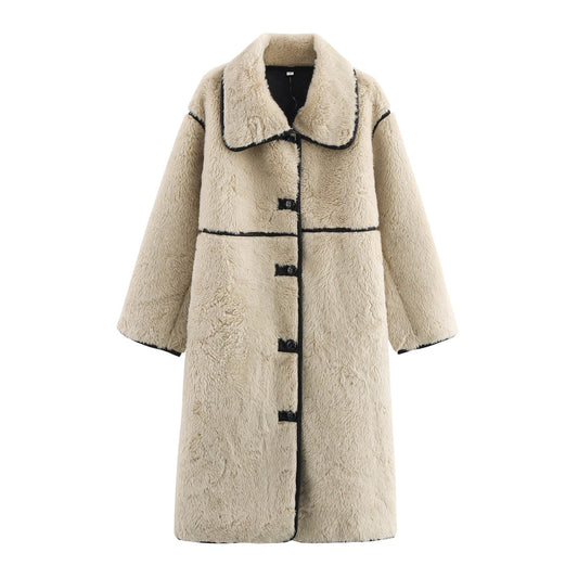 Fur effect long sleeved woollen coat