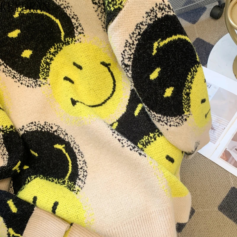 Lazy Style Autumn Winter  Smiling Face Jacquard Oversized Sweater