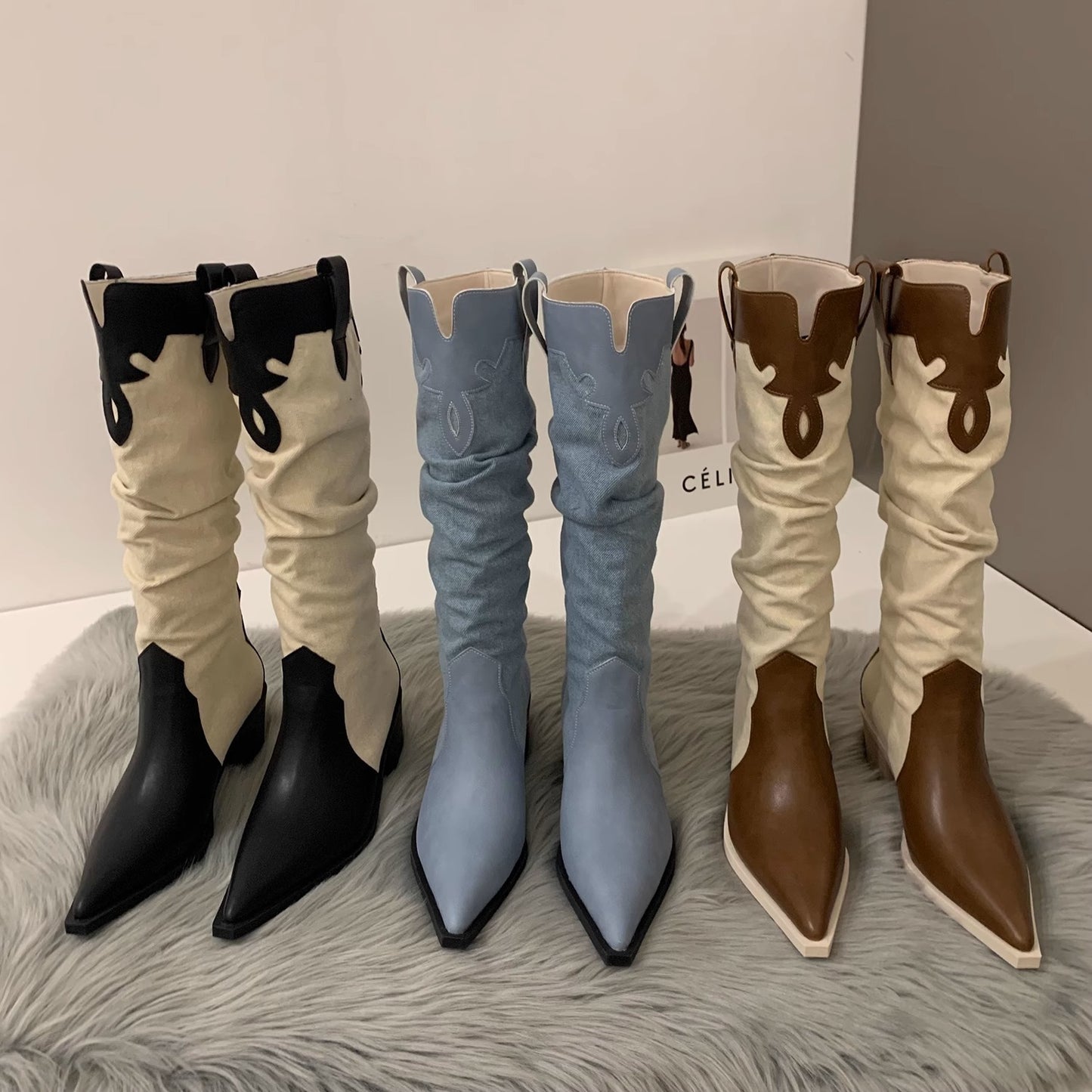 Western Cowboy Women's High Boots Low Heel Ladies Pointed Toe Knee High Boots Shoes Winter High Quality Suede Shoes