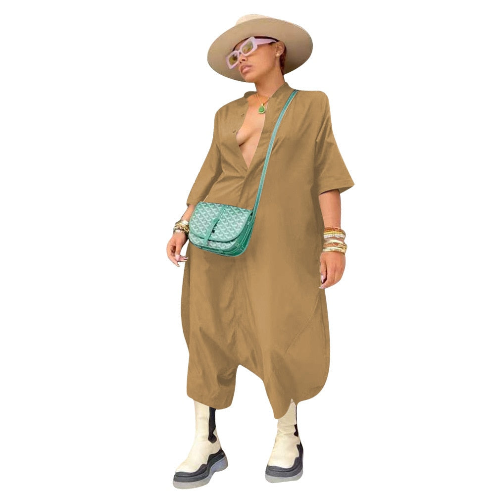 Jumpsuit Solid Half Sleeve Single Breasted Loose Ankle Length