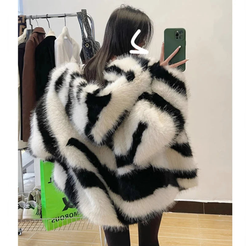 Women's fur coat Zebra print hooded fox fur coat