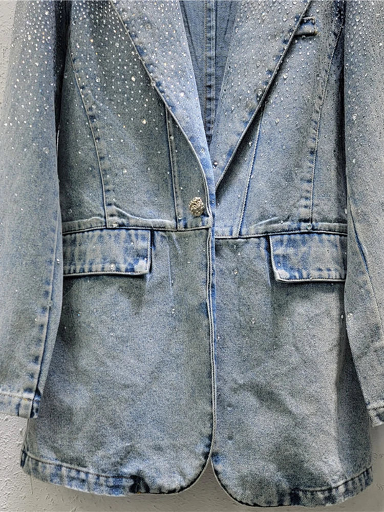 Women's Denim Blazer Washed Blue Vintage Diamonds Rhinestone Single Button Suit Jackets  Autumn New Fashion
