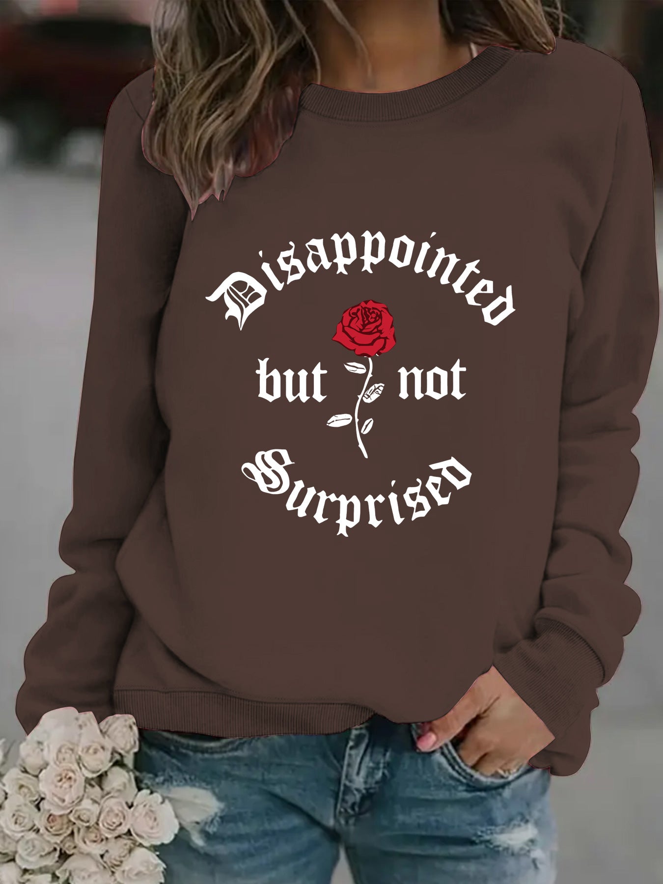 Disappointed rose print pullover sweatshirt