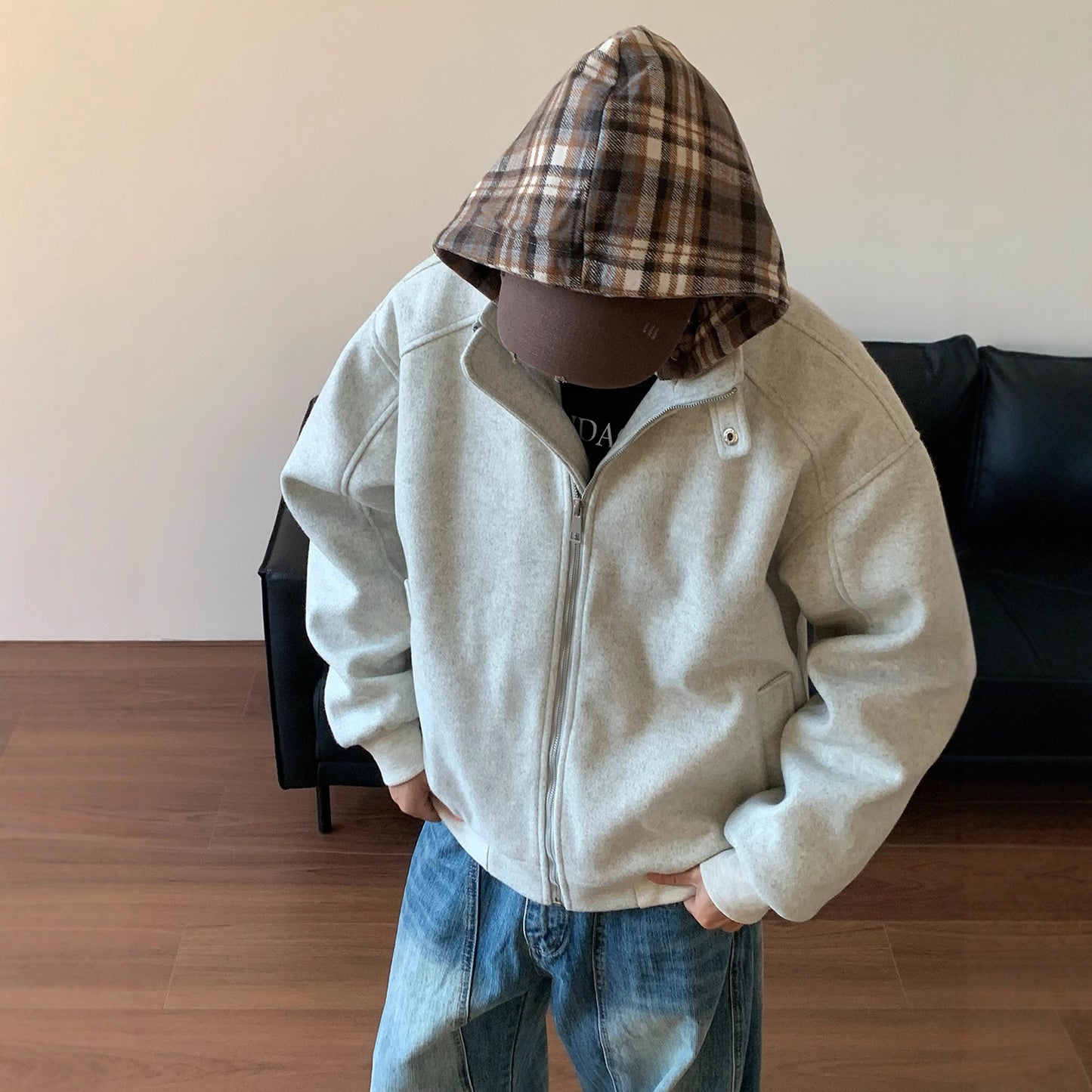 Plaid Faux Two-Piece Hooded Cotton Coat