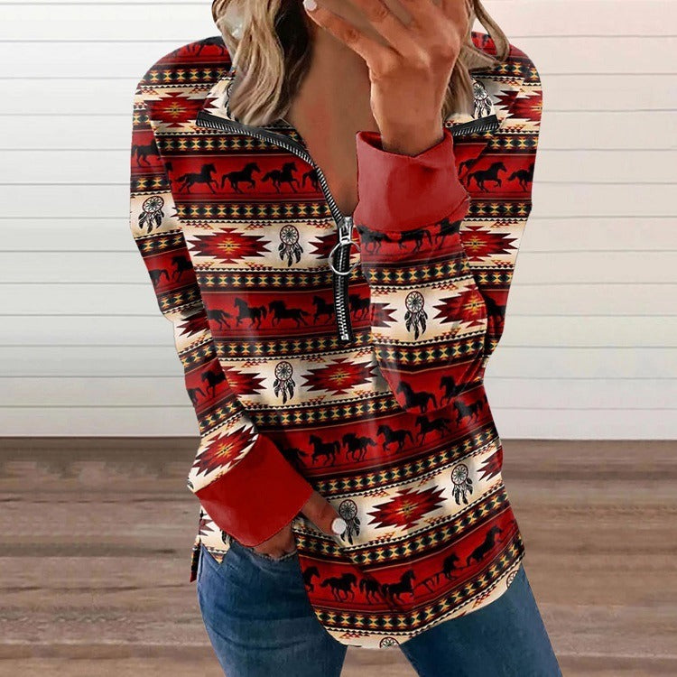 New European and American Womens Western Style Zipper Sweater