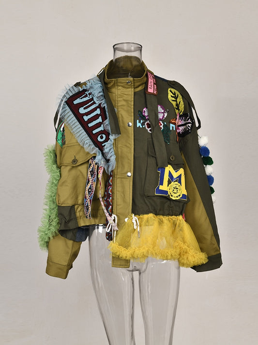 Street Style Embroidery Lace Spliced Contrast Colour Irregular Jackets