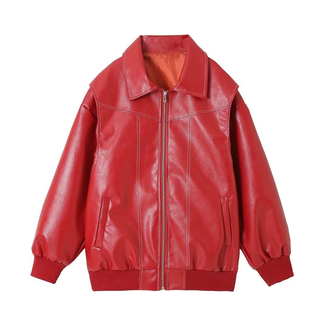 PU Autumn Winter Vintage Long Sleeve Patchwork Jackets
