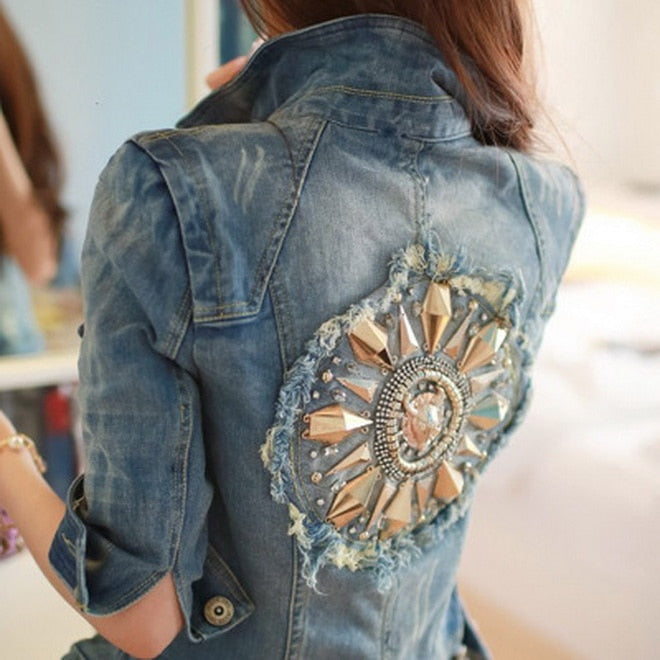Cowboy Coats Leisure Outwear Slim Diamonds Half sleeve Women's Denim Blue Jacket Coat