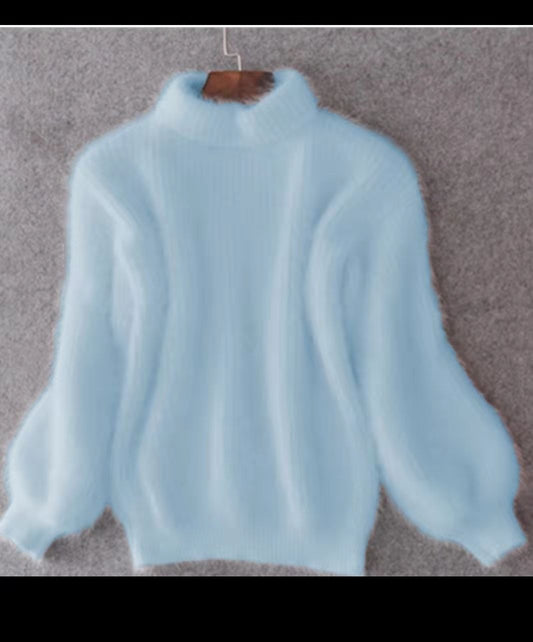 Imitation mink fur semi high neck knitted sweater