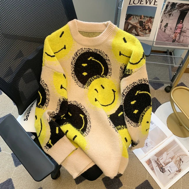 Lazy Style Autumn Winter  Smiling Face Jacquard Oversized Sweater