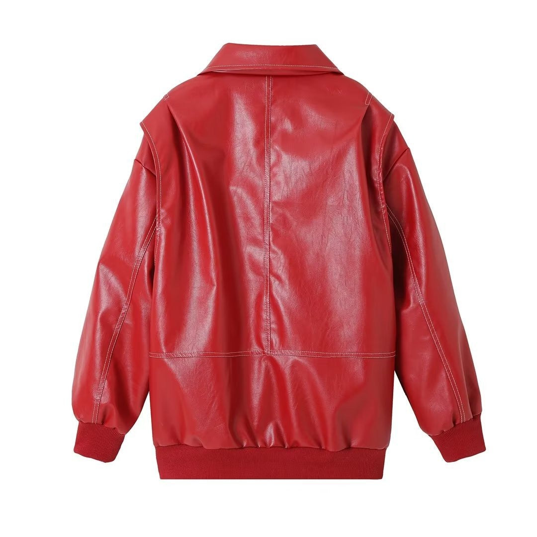 PU Autumn Winter Vintage Long Sleeve Patchwork Jackets
