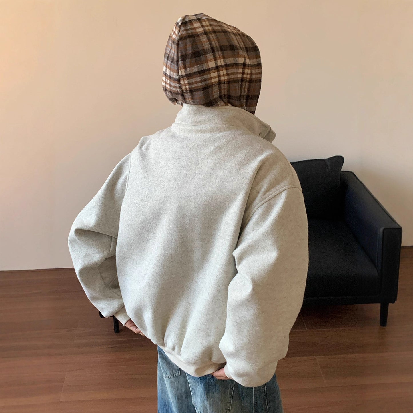 Plaid Faux Two-Piece Hooded Cotton Coat