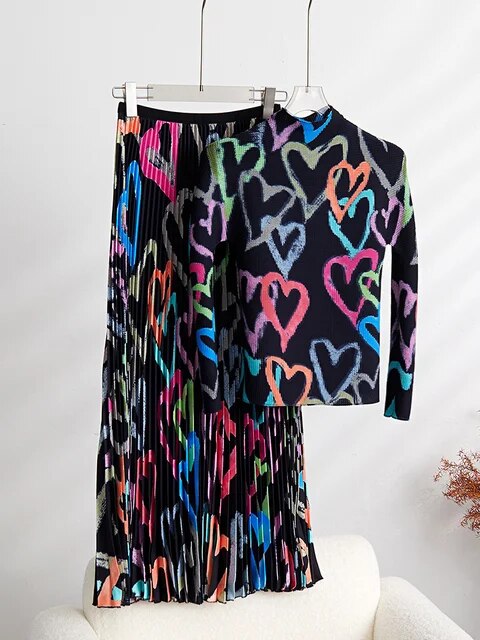 Printed Heart Pleated 2 Pieces Set