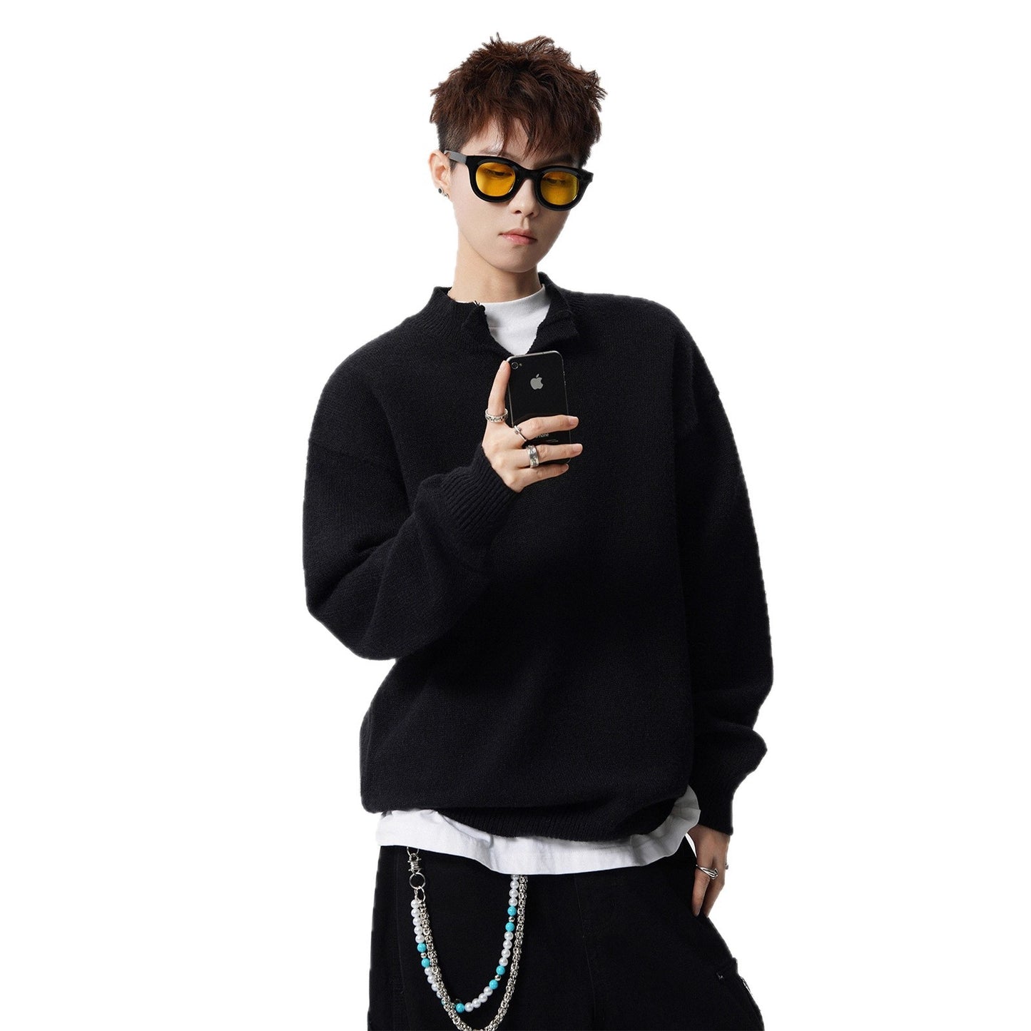 Faux Mink Solid Colour Half-High Neck Sweater