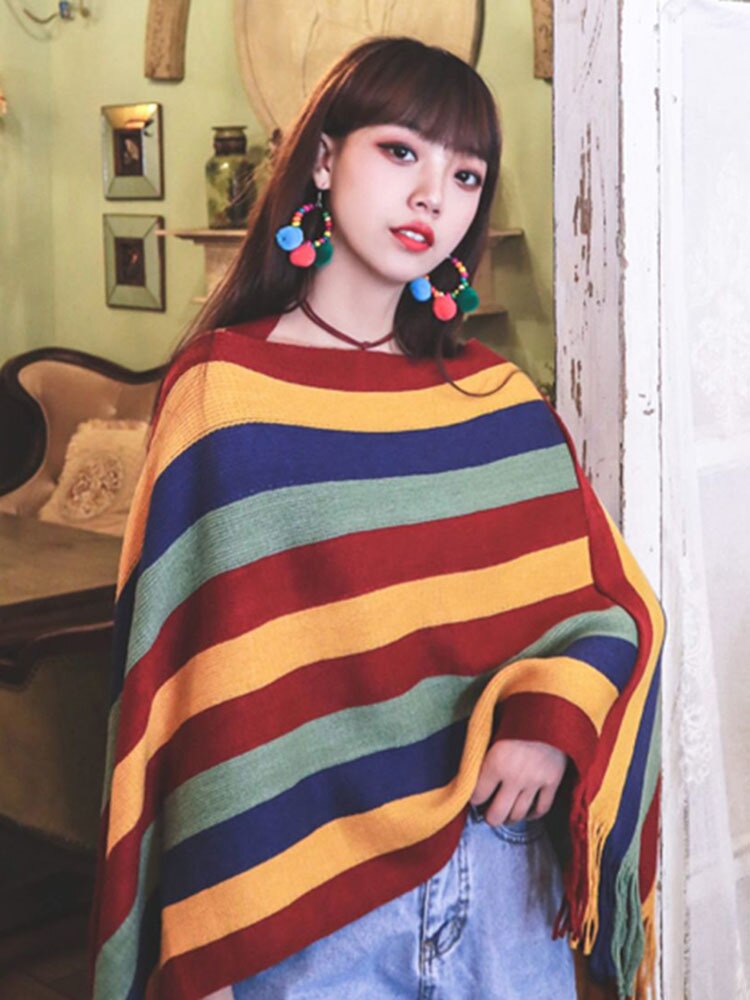 Vintage Colour Tassels Patchwork Knitted Sweaters