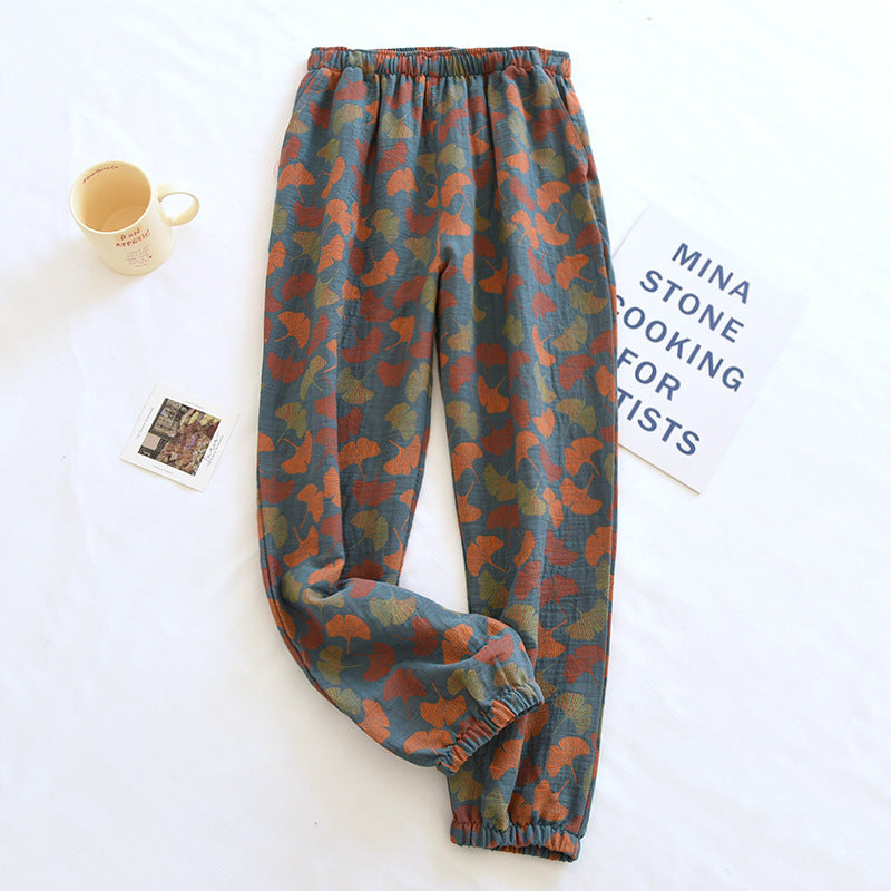Spring and Summer Pure Cotton Gauze Home Fur Retro Floral Pants