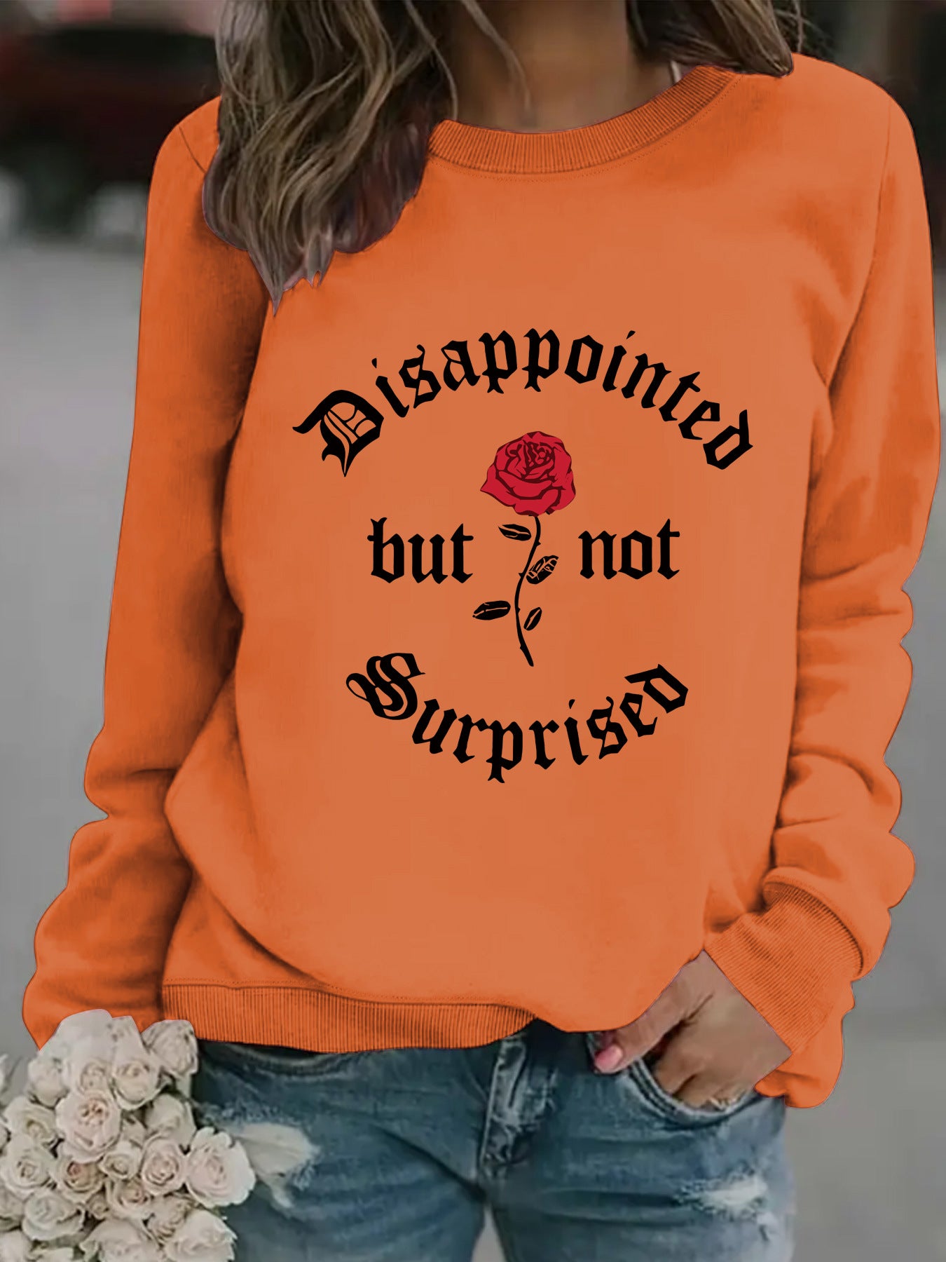 Disappointed rose print pullover sweatshirt