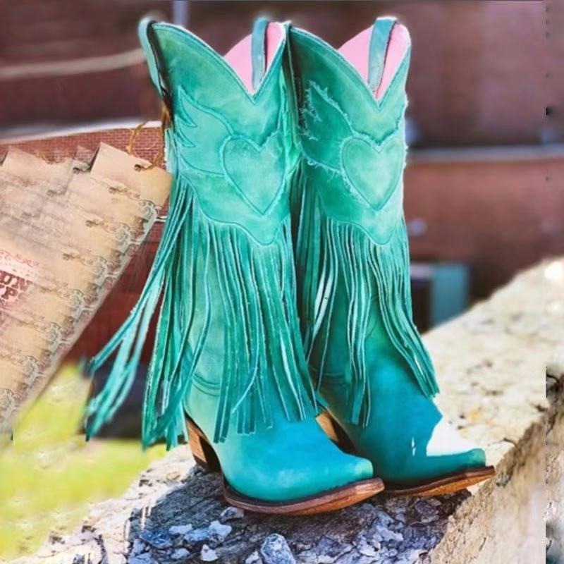 Fashion Women Cowboy Boots Retro Tassel Mid Boots