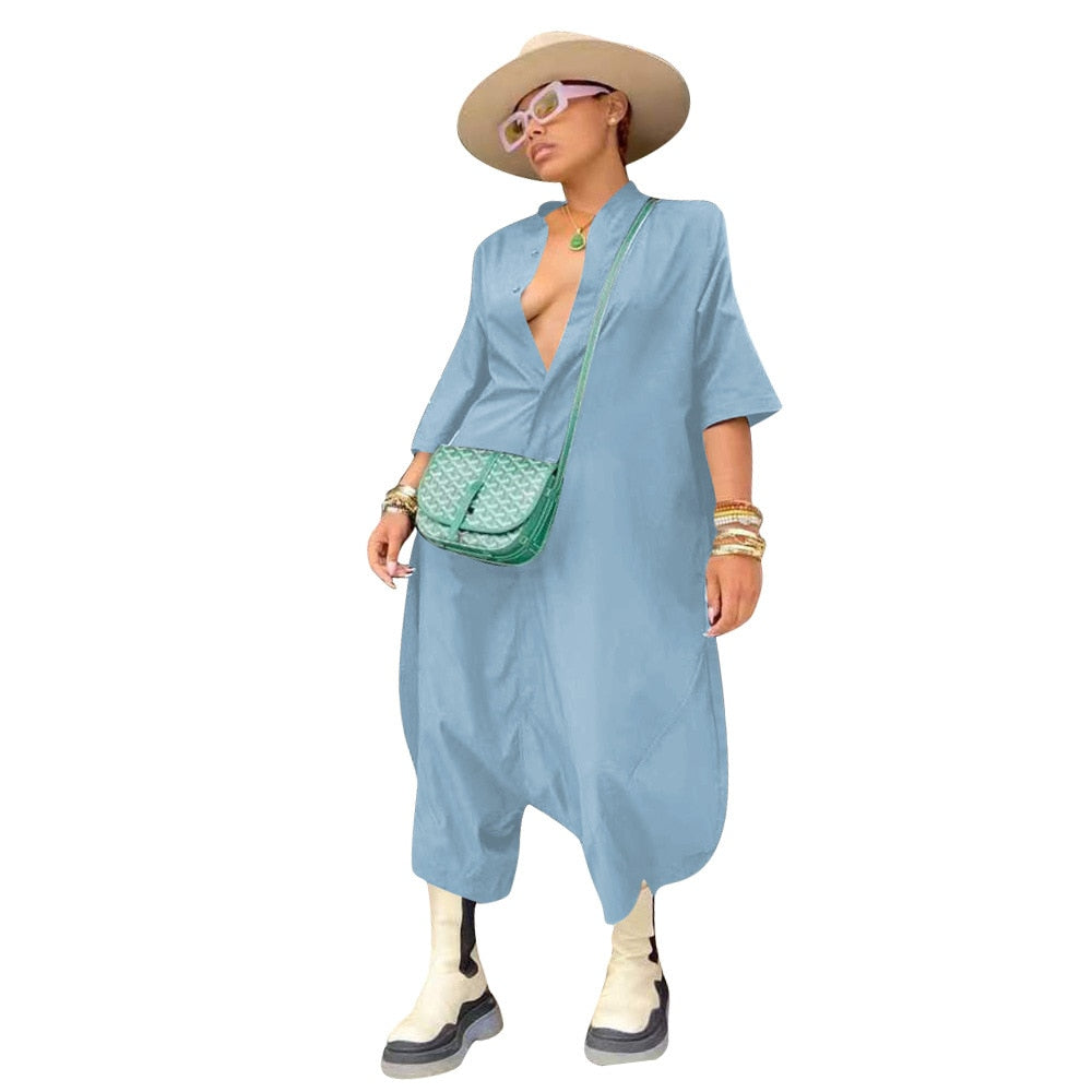 Jumpsuit Solid Half Sleeve Single Breasted Loose Ankle Length