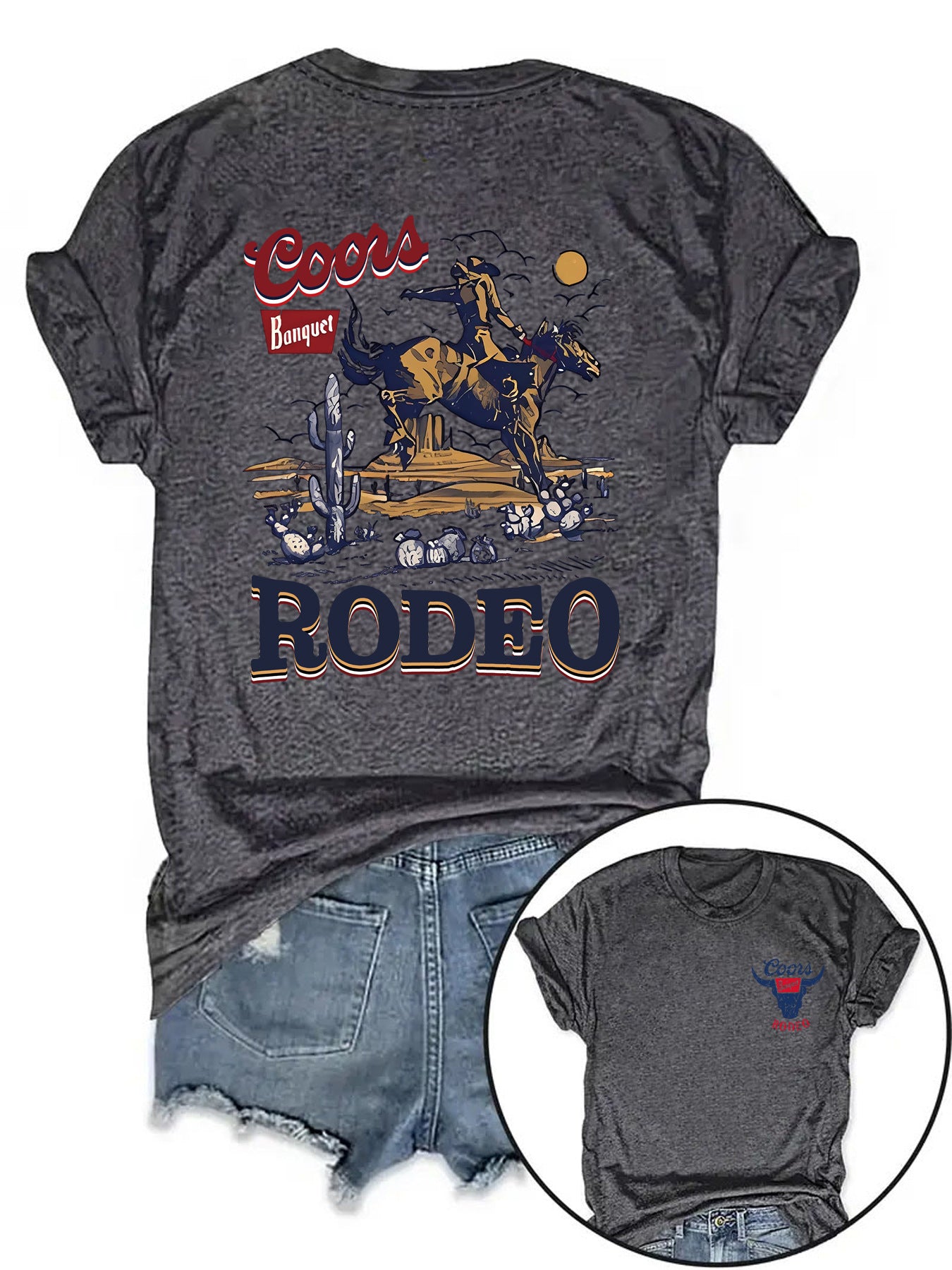 Cowboy Rodeo Pattern Printed Round Neck Short Sleeve